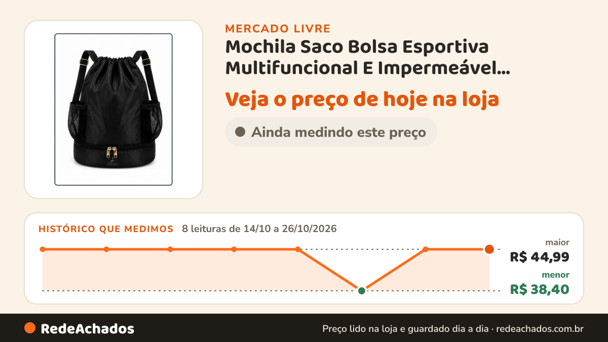 Histórico de preço de Mochila Saco Bolsa Esportiva Multifuncional E Impermeável Academia Unissex JN jáquero… no Mercado Livre: 8 leituras de 14/10/2026 a 26/10/2026, menor R$ 38,40, maior R$ 44,99