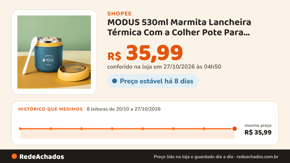 Histórico de preço de MODUS 530ml Marmita Lancheira Térmica Com a Colher Pote Para Crianças de 304 Aço… na Shopee: 7 leituras de 20/10/2026 a 26/10/2026, mesmo preço, R$ 35,99, em todas