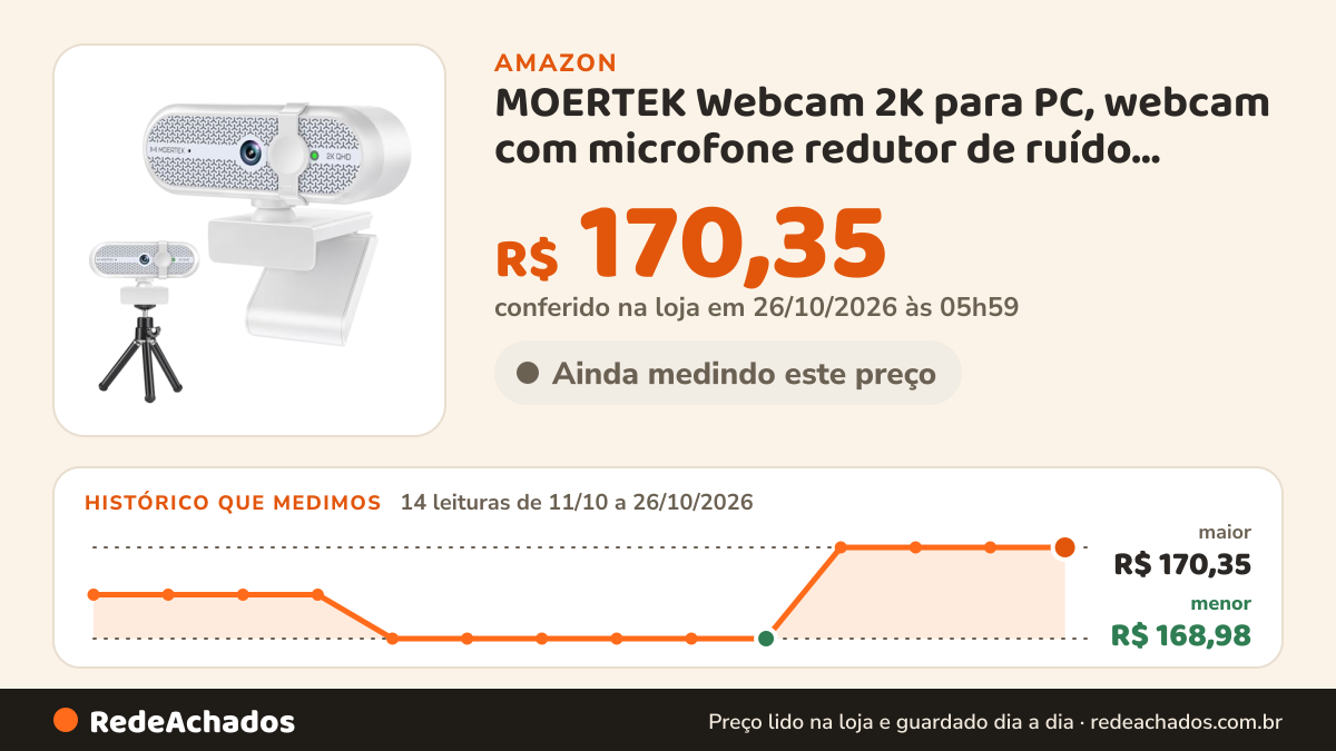 Histórico de preço de MOERTEK Webcam 2K para PC, webcam com microfone redutor de ruído, correção automática de… na Amazon: 14 leituras de 11/10/2026 a 26/10/2026, menor R$ 168,98, maior R$ 170,35; R$ 170,35 conferido em 26/10/2026 às 05h59