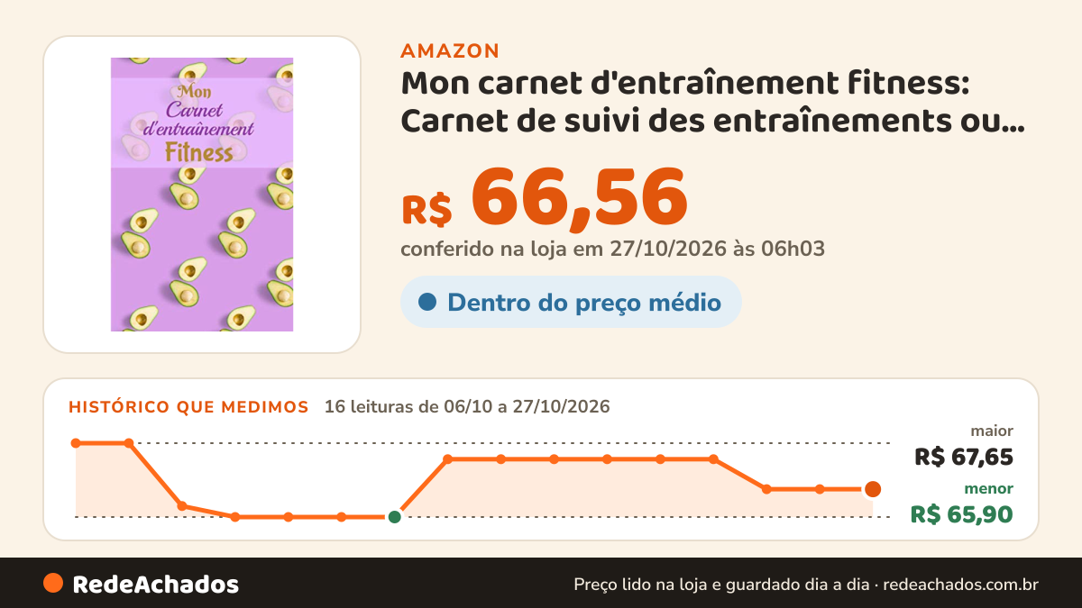 Histórico de preço de Mon carnet d'entraînement fitness: Carnet de suivi des entraînements ou séances de sport… na Amazon: 16 leituras de 06/10/2026 a 27/10/2026, menor R$ 65,90, maior R$ 67,65; R$ 66,56 conferido em 27/10/2026 às 06h03