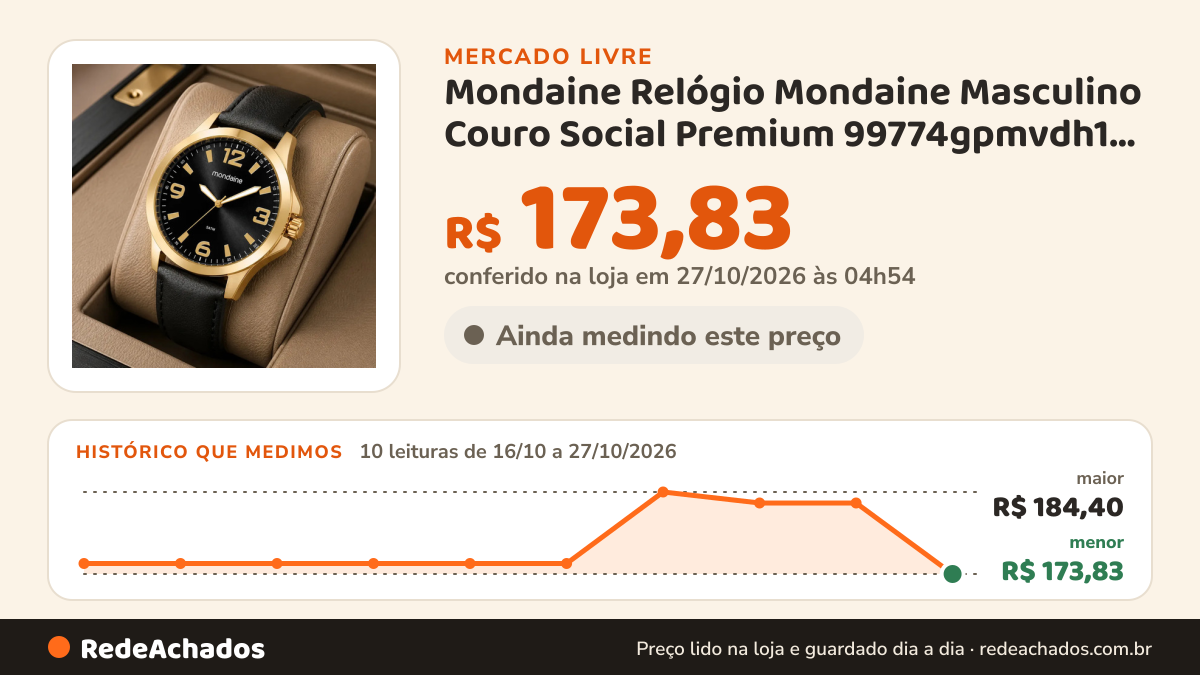 Histórico de preço de Mondaine Relógio Mondaine Masculino Couro Social Premium 99774gpmvdh1 Preto Doura no Mercado Livre: 10 leituras de 16/10/2026 a 27/10/2026, menor R$ 173,83, maior R$ 184,40; R$ 173,83 conferido em 27/10/2026 às 04h54
