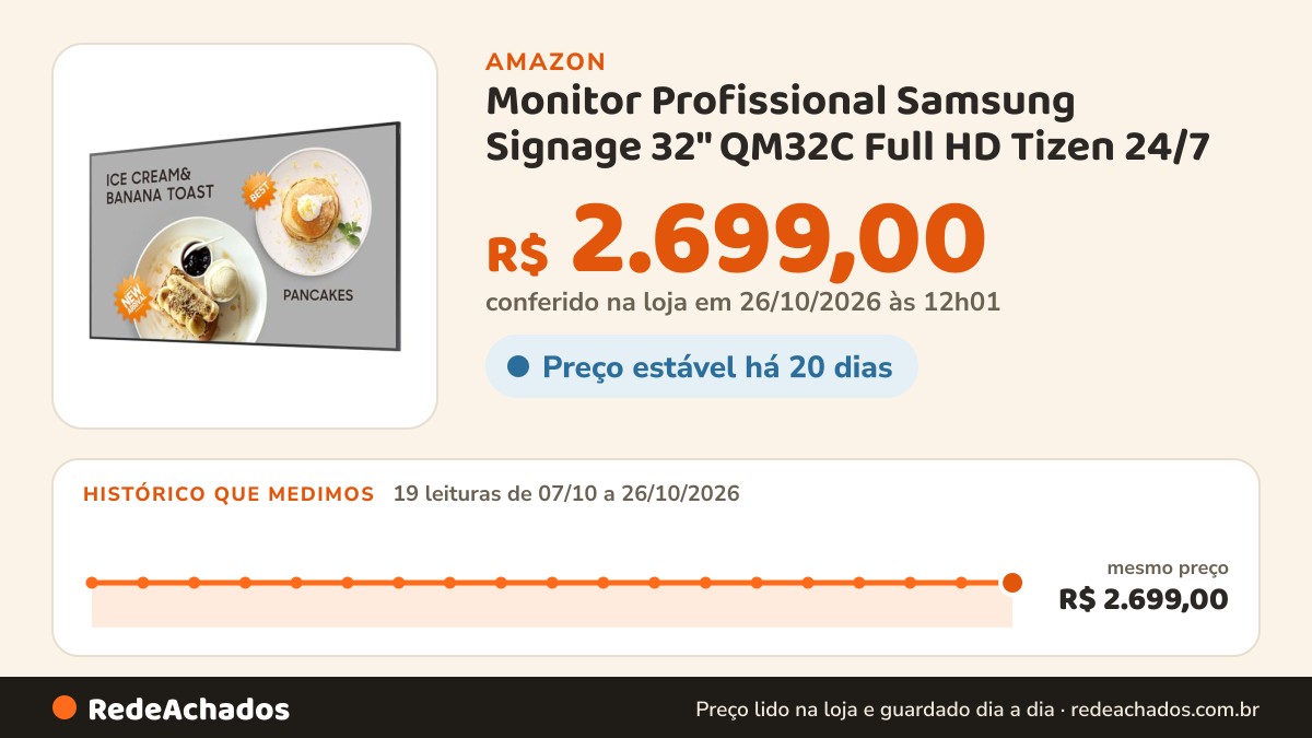 Histórico de preço de Monitor Profissional Samsung Signage 32" QM32C Full HD Tizen 24/7 na Amazon: 19 leituras de 07/10/2026 a 26/10/2026, mesmo preço, R$ 2.699,00, em todas; R$ 2.699,00 conferido em 26/10/2026 às 12h01
