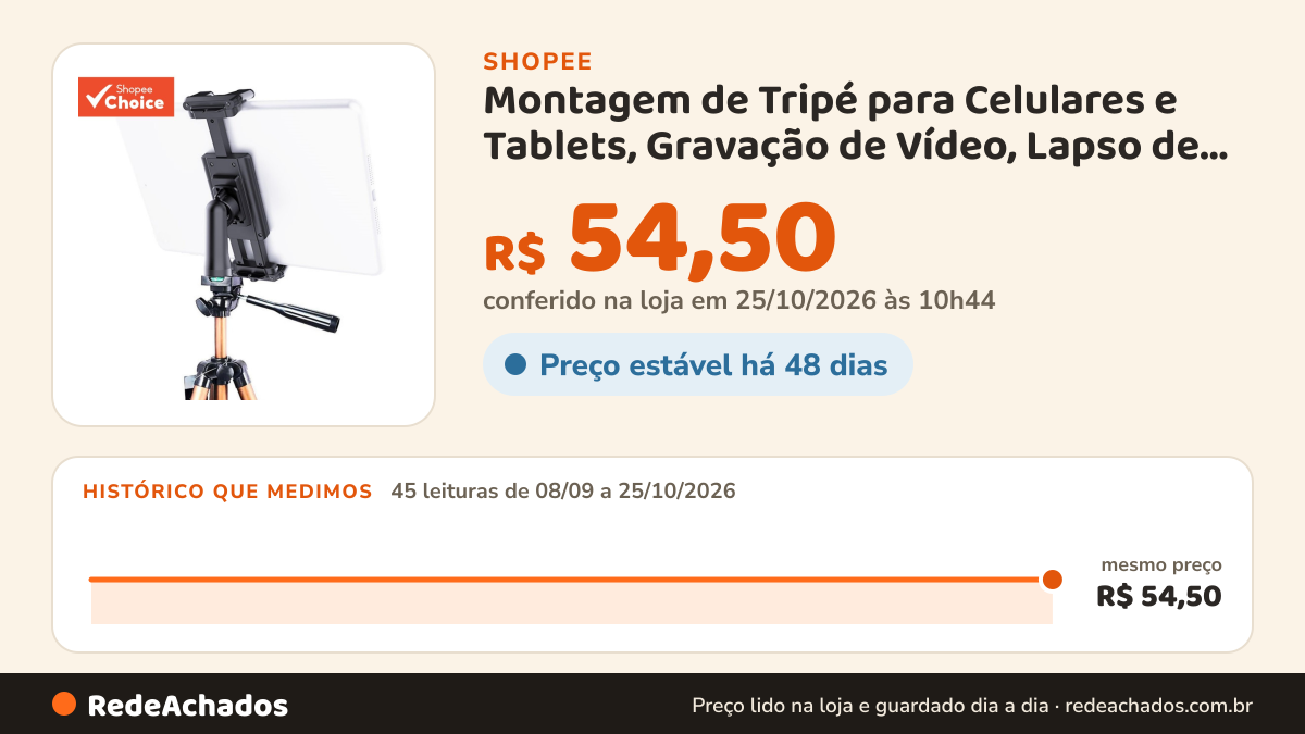 Histórico de preço de Montagem de Tripé para Celulares e Tablets, Gravação de Vídeo, Lapso de Tempo e… na Shopee: 45 leituras de 08/09/2026 a 25/10/2026, mesmo preço, R$ 54,50, em todas; R$ 54,50 conferido em 25/10/2026 às 10h44