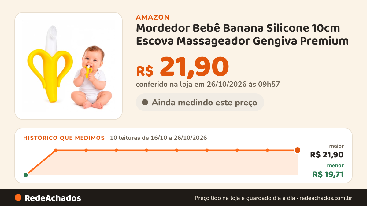 Histórico de preço de Mordedor Bebê Banana Silicone 10cm Escova Massageador Gengiva Premium na Amazon: 10 leituras de 16/10/2026 a 26/10/2026, menor R$ 19,71, maior R$ 21,90; R$ 21,90 conferido em 26/10/2026 às 09h57