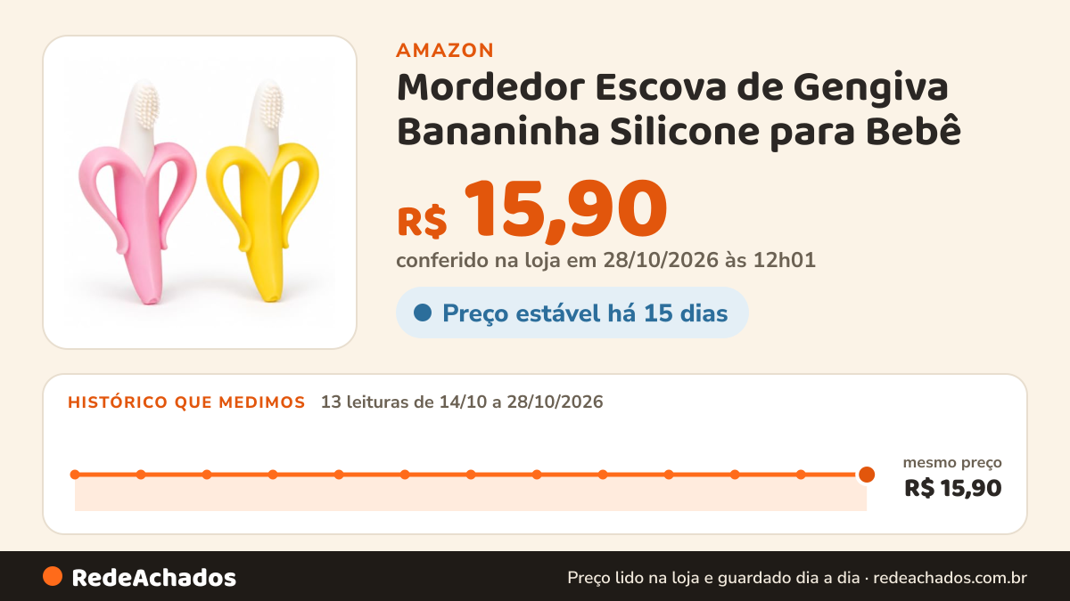Histórico de preço de Mordedor Escova de Gengiva Bananinha Silicone para Bebê - Amarelo na Amazon: 11 leituras de 14/10/2026 a 25/10/2026, mesmo preço, R$ 15,90, em todas