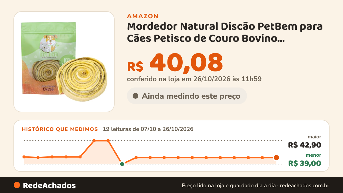 Histórico de preço de Mordedor Natural Discão PetBem para Cães Petisco de Couro Bovino Desidratado 100% Natural na Amazon: 19 leituras de 07/10/2026 a 26/10/2026, menor R$ 39,00, maior R$ 42,90; R$ 40,08 conferido em 26/10/2026 às 11h59
