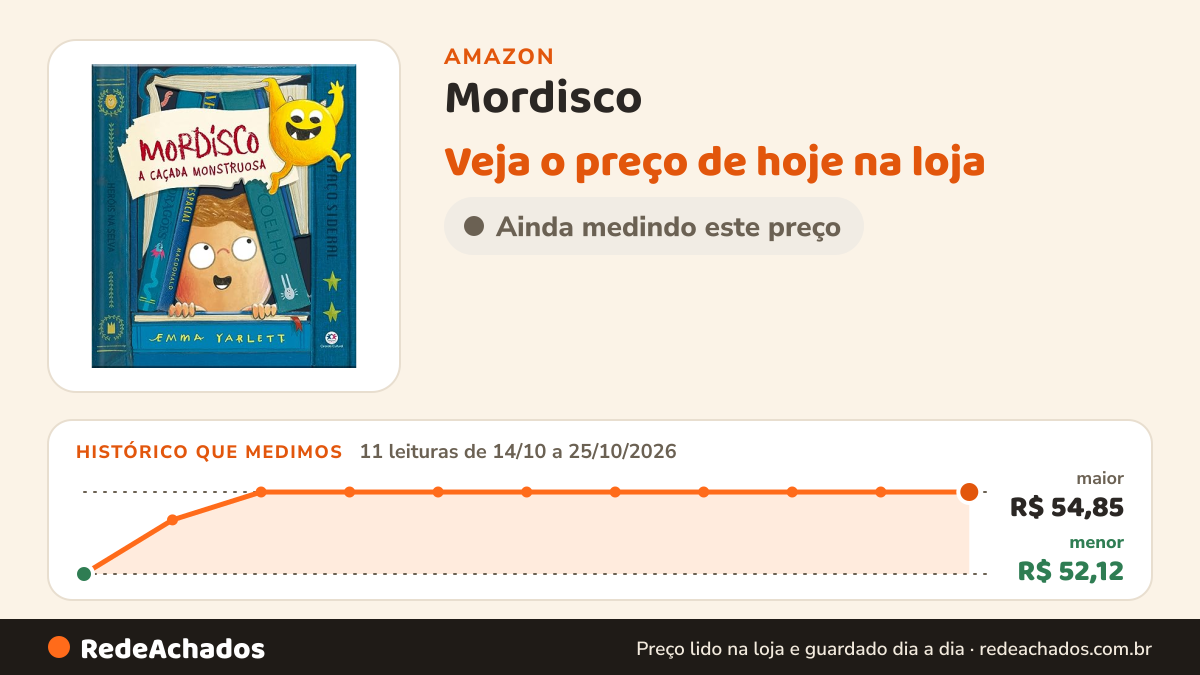 Histórico de preço de Mordisco - A caçada monstruosa na Amazon: 11 leituras de 14/10/2026 a 25/10/2026, menor R$ 52,12, maior R$ 54,85