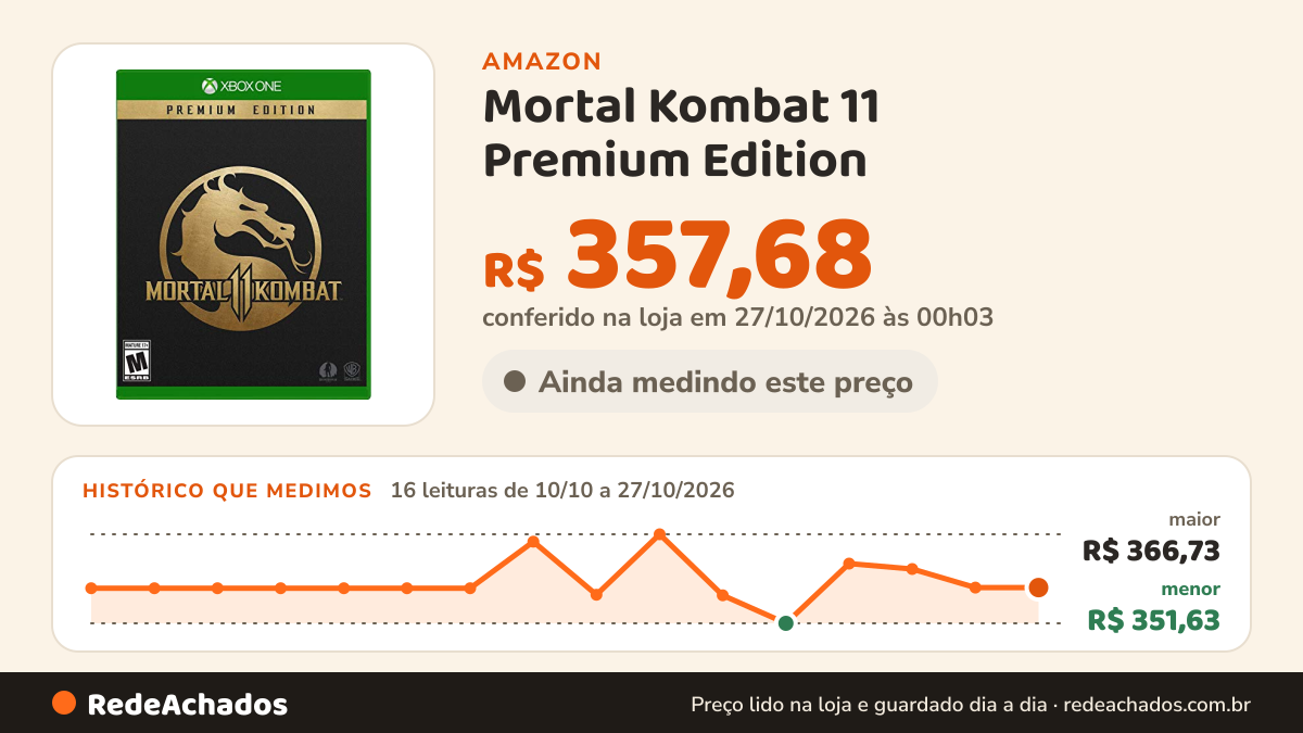 Histórico de preço de Mortal Kombat 11 Premium Edition - Xbox One na Amazon: 16 leituras de 10/10/2026 a 27/10/2026, menor R$ 351,63, maior R$ 366,73; R$ 357,68 conferido em 27/10/2026 às 00h03