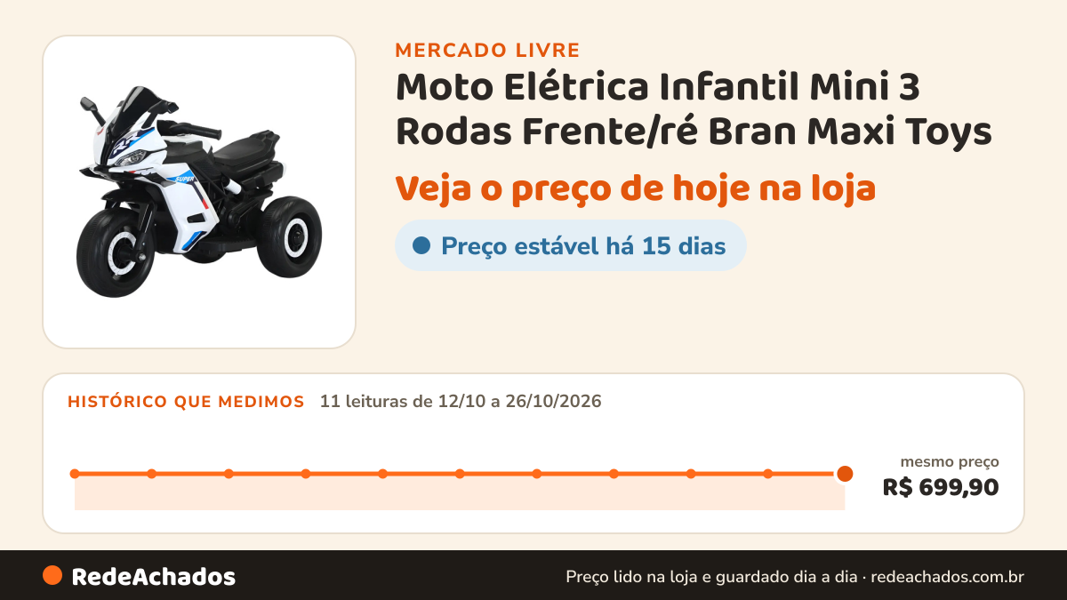 Histórico de preço de Moto Elétrica Infantil Mini 3 Rodas Frente/ré Bran Maxi Toys no Mercado Livre: 11 leituras de 12/10/2026 a 26/10/2026, mesmo preço, R$ 699,90, em todas