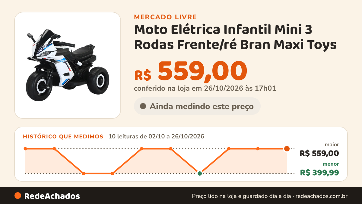 Histórico de preço de Moto Elétrica Infantil Mini 3 Rodas Frente/ré Bran Maxi Toys no Mercado Livre: 10 leituras de 02/10/2026 a 26/10/2026, menor R$ 399,99, maior R$ 559,00; R$ 559,00 conferido em 26/10/2026 às 17h01