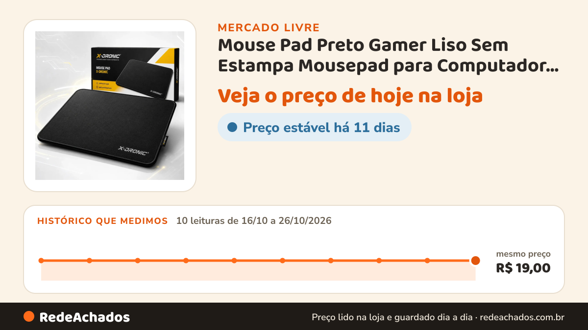 Histórico de preço de Mouse Pad Preto Gamer Liso Sem Estampa Mousepad para Computador PC Notebook Escritório… no Mercado Livre: 10 leituras de 16/10/2026 a 26/10/2026, mesmo preço, R$ 19,00, em todas