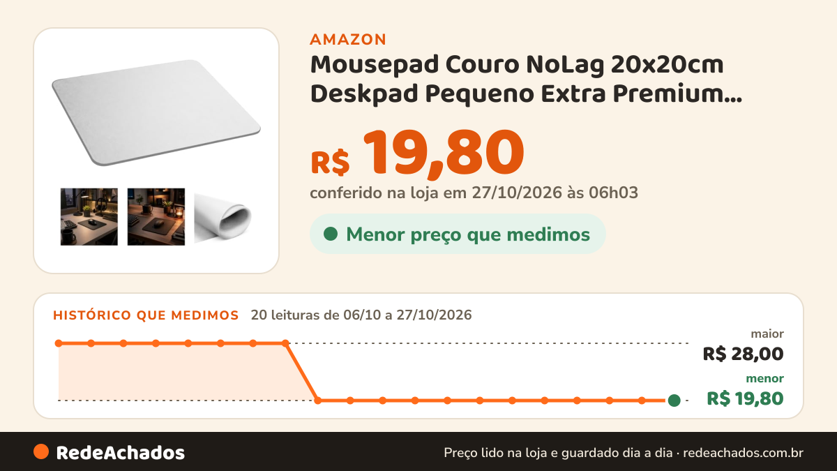 Histórico de preço de Mousepad Couro NoLag 20x20cm Deskpad Pequeno Extra Premium 3mm Branco Borda Infinita… na Amazon: 19 leituras de 06/10/2026 a 25/10/2026, menor R$ 19,80, maior R$ 28,00