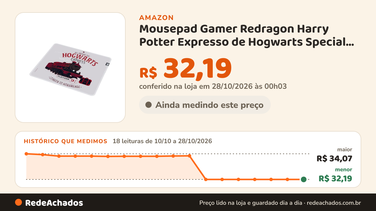 Histórico de preço de Mousepad Gamer Redragon Harry Potter Expresso de Hogwarts Special Edition Tamanho M Branco… na Amazon: 17 leituras de 10/10/2026 a 27/10/2026, menor R$ 32,19, maior R$ 34,07; R$ 32,19 conferido em 26/10/2026 às 21h57