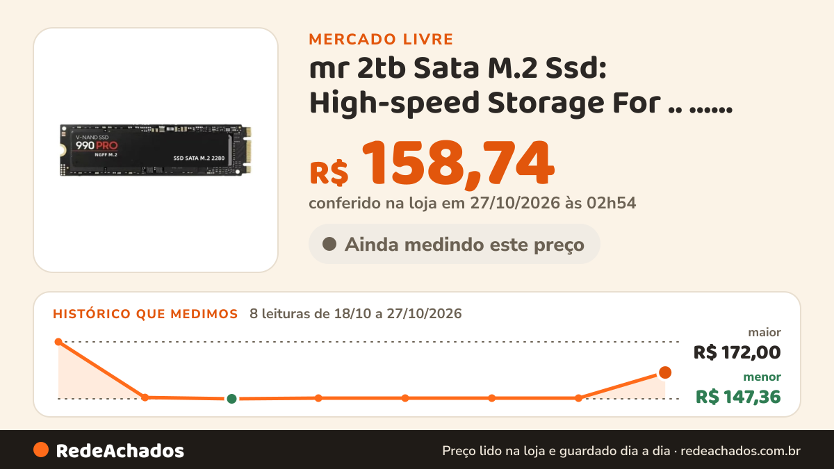 Histórico de preço de mr 2tb Sata M.2 Ssd: High-speed Storage For .. ...... no Mercado Livre: 8 leituras de 18/10/2026 a 27/10/2026, menor R$ 147,36, maior R$ 172,00; R$ 158,74 conferido em 27/10/2026 às 02h54