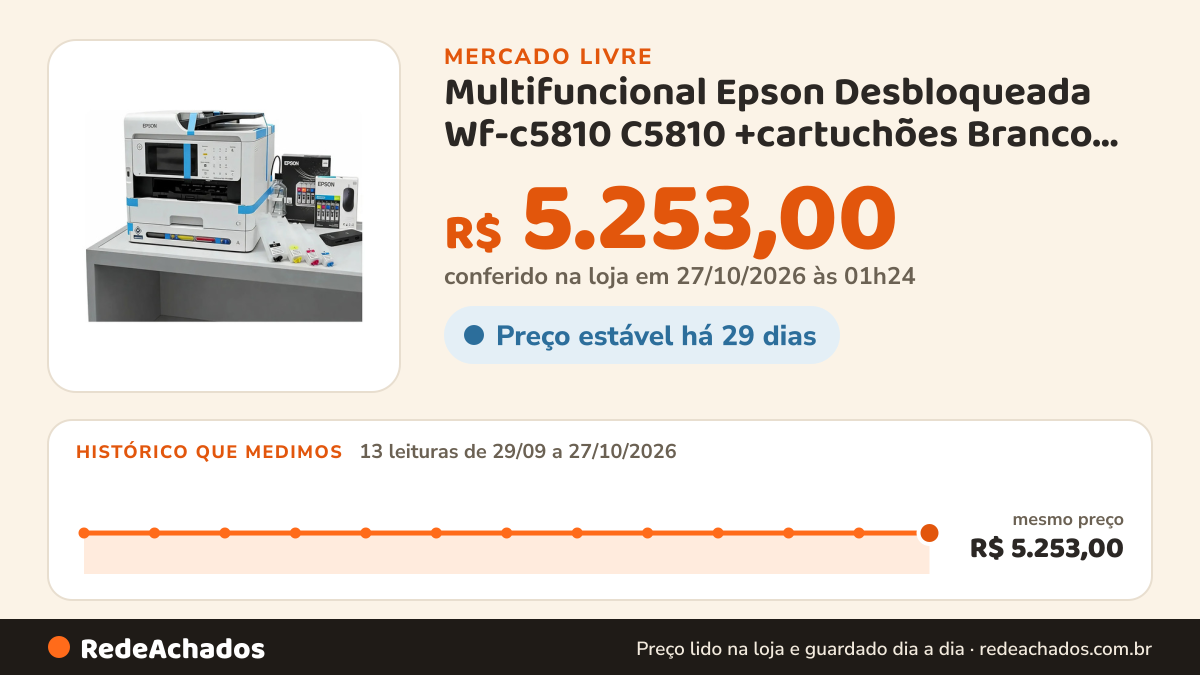 Histórico de preço de Multifuncional Epson Desbloqueada Wf-c5810 C5810 +cartuchões Branco Bivolt no Mercado Livre: 13 leituras de 29/09/2026 a 27/10/2026, mesmo preço, R$ 5.253,00, em todas; R$ 5.253,00 conferido em 27/10/2026 às 01h24