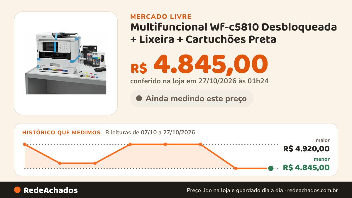 Histórico de preço de Multifuncional Wf-c5810 Desbloqueada + Lixeira + Cartuchões Preta - Ciano - Amarelo… no Mercado Livre: 8 leituras de 07/10/2026 a 27/10/2026, menor R$ 4.845,00, maior R$ 4.920,00; R$ 4.845,00 conferido em 27/10/2026 às 01h24