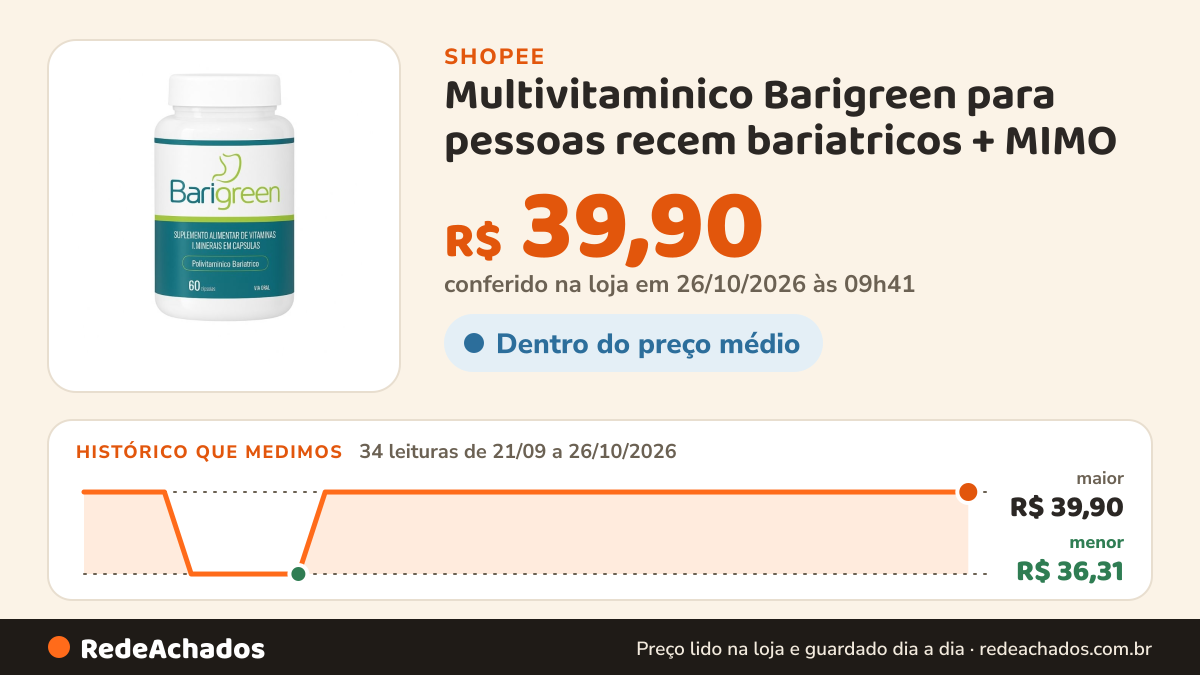 Histórico de preço de Multivitaminico Barigreen para pessoas recem bariatricos + MIMO na Shopee: 34 leituras de 21/09/2026 a 26/10/2026, menor R$ 36,31, maior R$ 39,90; R$ 39,90 conferido em 26/10/2026 às 09h41