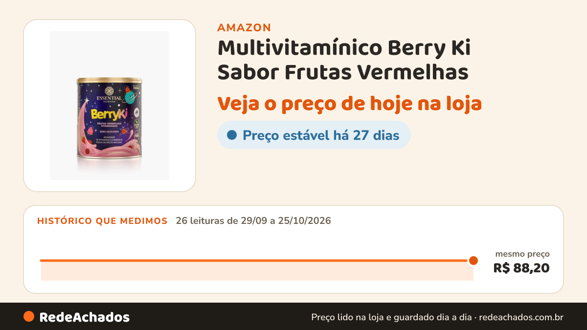 Histórico de preço de Multivitamínico Berry Ki Sabor Frutas Vermelhas - Essential Nutrition - 300G na Amazon: 26 leituras de 29/09/2026 a 25/10/2026, mesmo preço, R$ 88,20, em todas