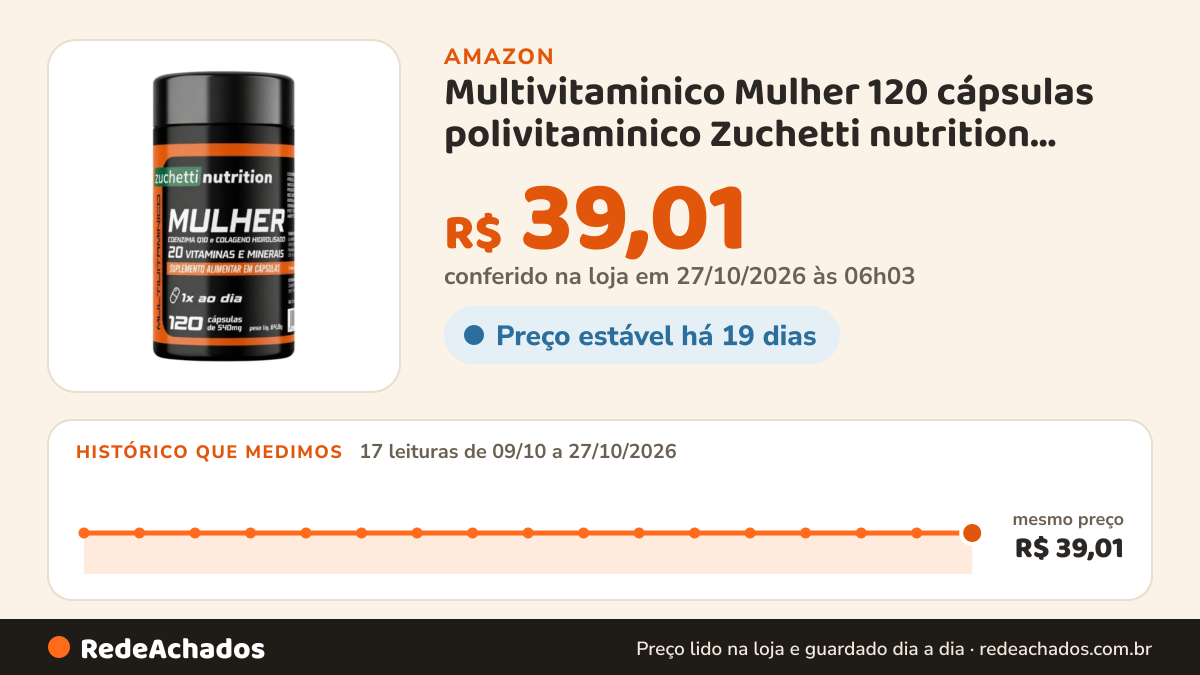 Histórico de preço de Multivitaminico Mulher 120 cápsulas polivitaminico Zuchetti nutrition vitamina az mulher na Amazon: 16 leituras de 09/10/2026 a 25/10/2026, mesmo preço, R$ 39,01, em todas