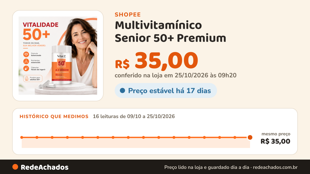 Histórico de preço de Multivitamínico Senior 50+ Premium | 100mg Coenzima Q10 | Energia, Vitalidade Fórmula… na Shopee: 16 leituras de 09/10/2026 a 25/10/2026, mesmo preço, R$ 35,00, em todas; R$ 35,00 conferido em 25/10/2026 às 09h20