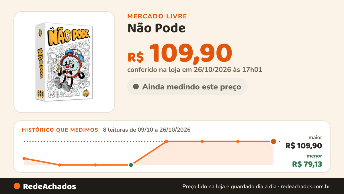 Histórico de preço de Não Pode - Jogo De Cartas Party Games no Mercado Livre: 8 leituras de 09/10/2026 a 26/10/2026, menor R$ 79,13, maior R$ 109,90; R$ 109,90 conferido em 26/10/2026 às 17h01
