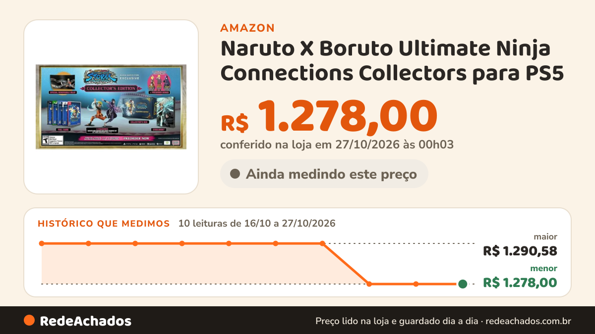 Histórico de preço de Naruto X Boruto Ultimate Ninja Connections Collectors para PS5 na Amazon: 10 leituras de 16/10/2026 a 27/10/2026, menor R$ 1.278,00, maior R$ 1.290,58; R$ 1.278,00 conferido em 27/10/2026 às 00h03