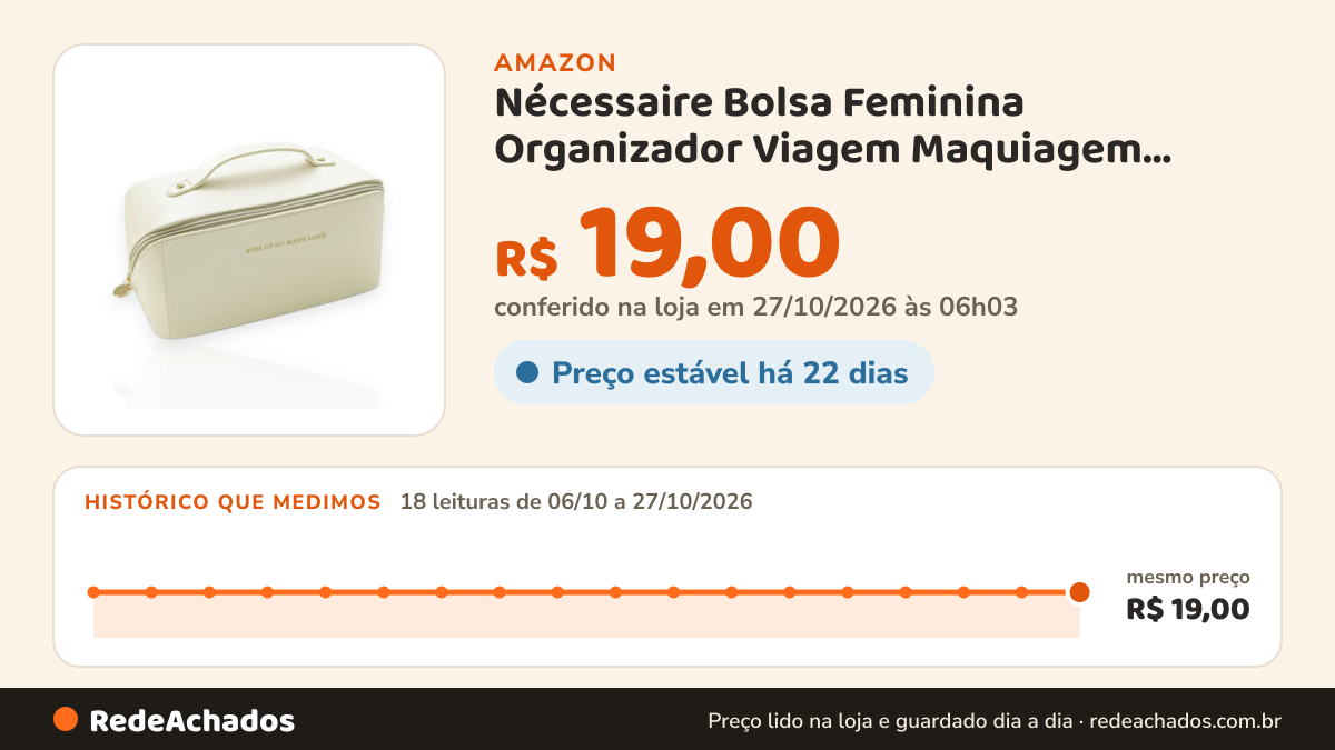 Histórico de preço de Nécessaire Bolsa Feminina Organizador Viagem Maquiagem Cosméticos Grande Espaçosa… na Amazon: 18 leituras de 06/10/2026 a 27/10/2026, mesmo preço, R$ 19,00, em todas; R$ 19,00 conferido em 27/10/2026 às 06h03