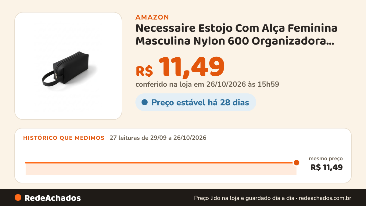 Histórico de preço de Necessaire Estojo Com Alça Feminina Masculina Nylon 600 Organizadora Premium (Preto) na Amazon: 26 leituras de 29/09/2026 a 25/10/2026, mesmo preço, R$ 11,49, em todas; R$ 11,49 conferido em 25/10/2026 às 17h59