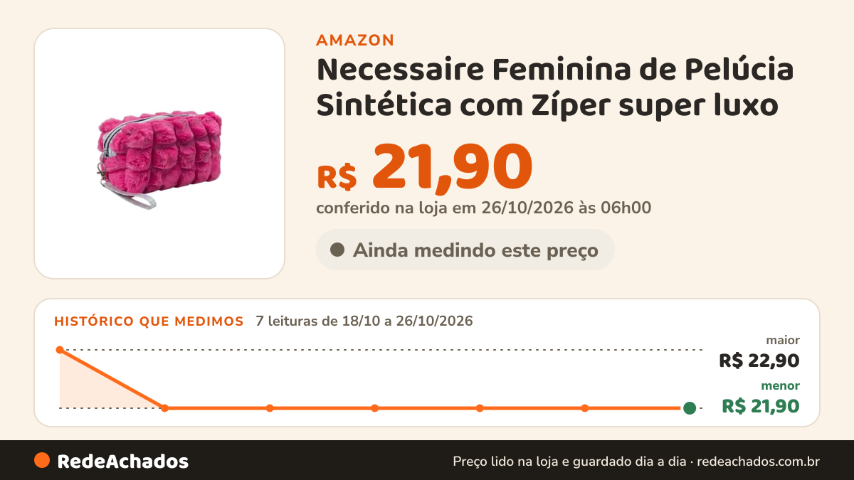Histórico de preço de Necessaire Feminina de Pelúcia Sintética com Zíper super luxo (Pink) na Amazon: 7 leituras de 18/10/2026 a 26/10/2026, menor R$ 21,90, maior R$ 22,90; R$ 21,90 conferido em 26/10/2026 às 06h00