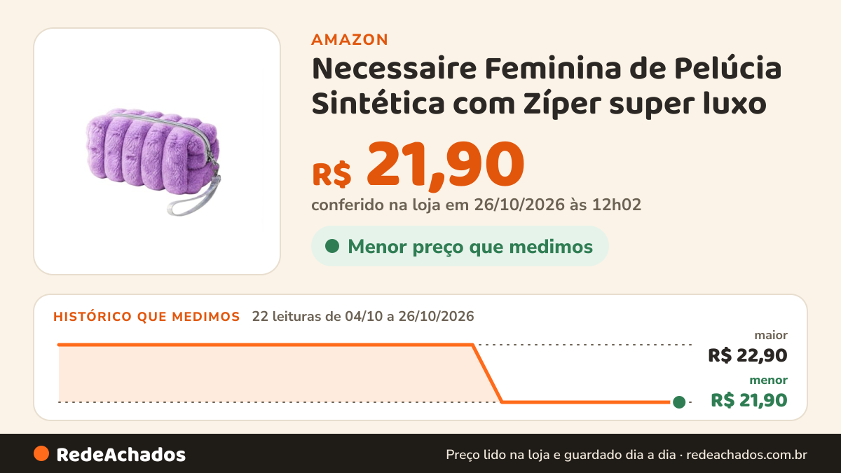 Histórico de preço de Necessaire Feminina de Pelúcia Sintética com Zíper super luxo (Roxo) na Amazon: 21 leituras de 04/10/2026 a 25/10/2026, menor R$ 21,90, maior R$ 22,90; R$ 21,90 conferido em 25/10/2026 às 05h59