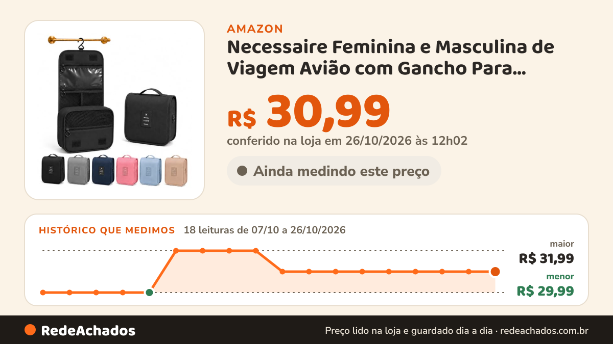 Histórico de preço de Necessaire Feminina e Masculina de Viagem Avião com Gancho Para Pendurar (Preto) na Amazon: 18 leituras de 07/10/2026 a 26/10/2026, menor R$ 29,99, maior R$ 31,99; R$ 30,99 conferido em 26/10/2026 às 12h02