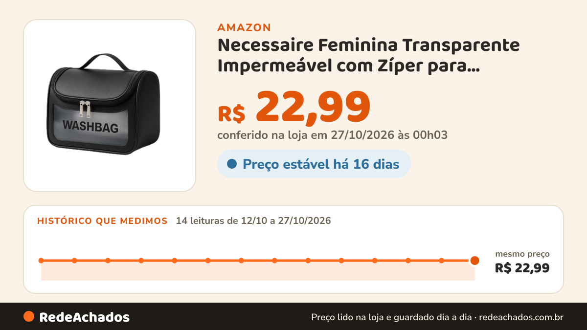 Histórico de preço de Necessaire Feminina Transparente Impermeável com Zíper para Cosméticos Maquiagem Higiene… na Amazon: 14 leituras de 12/10/2026 a 27/10/2026, mesmo preço, R$ 22,99, em todas; R$ 22,99 conferido em 27/10/2026 às 00h03