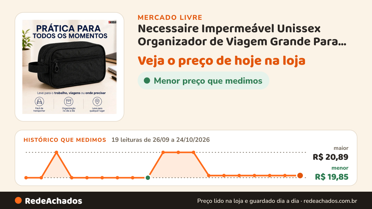 Histórico de preço de Necessaire Impermeável Unissex Organizador de Viagem Grande Para Higiene Pessoal no Mercado Livre: 19 leituras de 26/09/2026 a 24/10/2026, menor R$ 19,85, maior R$ 20,89
