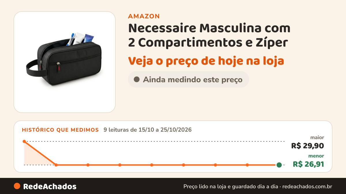 Histórico de preço de Necessaire Masculina com 2 Compartimentos e Zíper - Estojo Porta Objetos - Bolsa… na Amazon: 9 leituras de 15/10/2026 a 25/10/2026, menor R$ 26,91, maior R$ 29,90