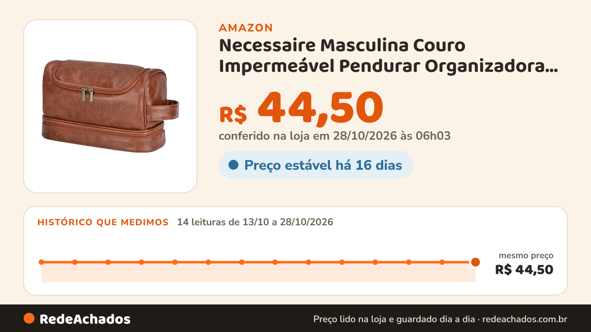 Histórico de preço de Necessaire Masculina Couro Impermeável Pendurar Organizadora Dupla na Amazon: 13 leituras de 13/10/2026 a 27/10/2026, mesmo preço, R$ 44,50, em todas; R$ 44,50 conferido em 27/10/2026 às 00h03
