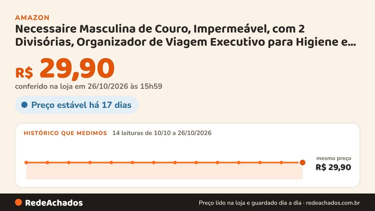 Histórico de preço de Necessaire Masculina de Couro, Impermeável, com 2 Divisórias, Organizador de Viagem… na Amazon: 14 leituras de 10/10/2026 a 26/10/2026, mesmo preço, R$ 29,90, em todas; R$ 29,90 conferido em 26/10/2026 às 15h59