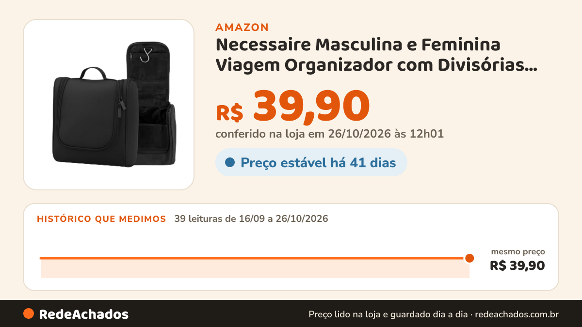 Histórico de preço de Necessaire Masculina e Feminina Viagem Organizador com Divisórias Gancho Cabide (Preta) na Amazon: 38 leituras de 16/09/2026 a 25/10/2026, mesmo preço, R$ 39,90, em todas; R$ 39,90 conferido em 25/10/2026 às 05h58