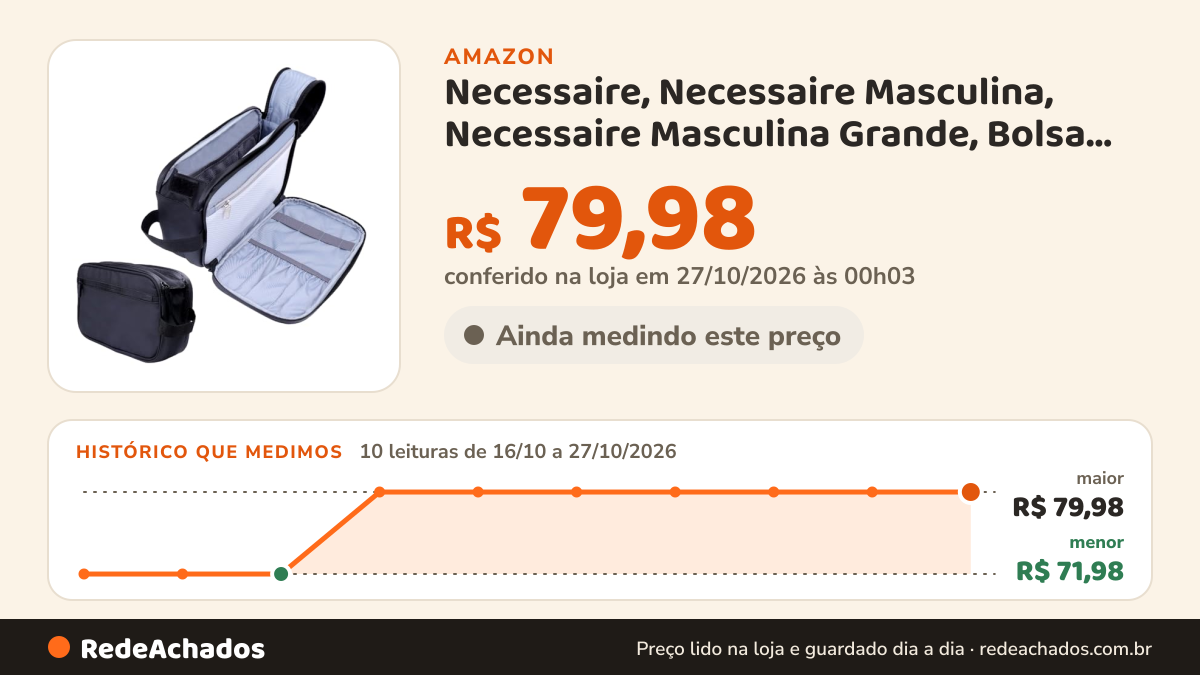 Histórico de preço de Necessaire, Necessaire Masculina, Necessaire Masculina Grande, Bolsa para Produtos de… na Amazon: 10 leituras de 16/10/2026 a 27/10/2026, menor R$ 71,98, maior R$ 79,98; R$ 79,98 conferido em 27/10/2026 às 00h03
