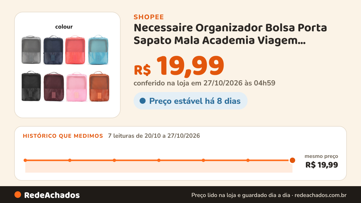 Histórico de preço de Necessaire Organizador Bolsa Porta Sapato Mala Academia Viagem Passeio Academia… na Shopee: 7 leituras de 20/10/2026 a 27/10/2026, mesmo preço, R$ 19,99, em todas; R$ 19,99 conferido em 27/10/2026 às 04h59