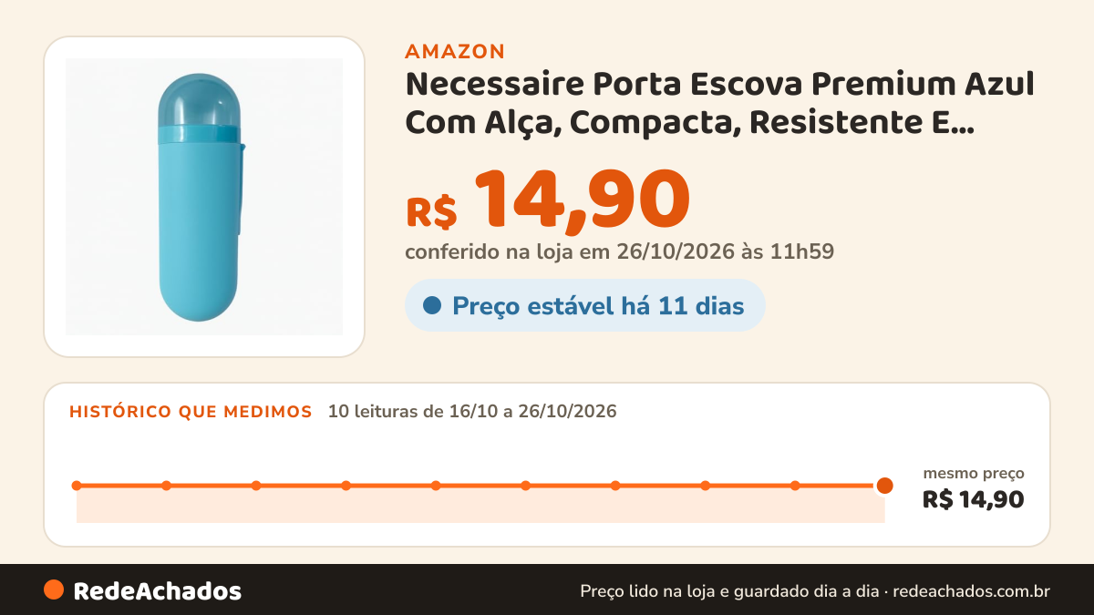 Histórico de preço de Necessaire Porta Escova Premium Azul Com Alça, Compacta, Resistente E Portátil, Ideal Para… na Amazon: 10 leituras de 16/10/2026 a 26/10/2026, mesmo preço, R$ 14,90, em todas; R$ 14,90 conferido em 26/10/2026 às 11h59