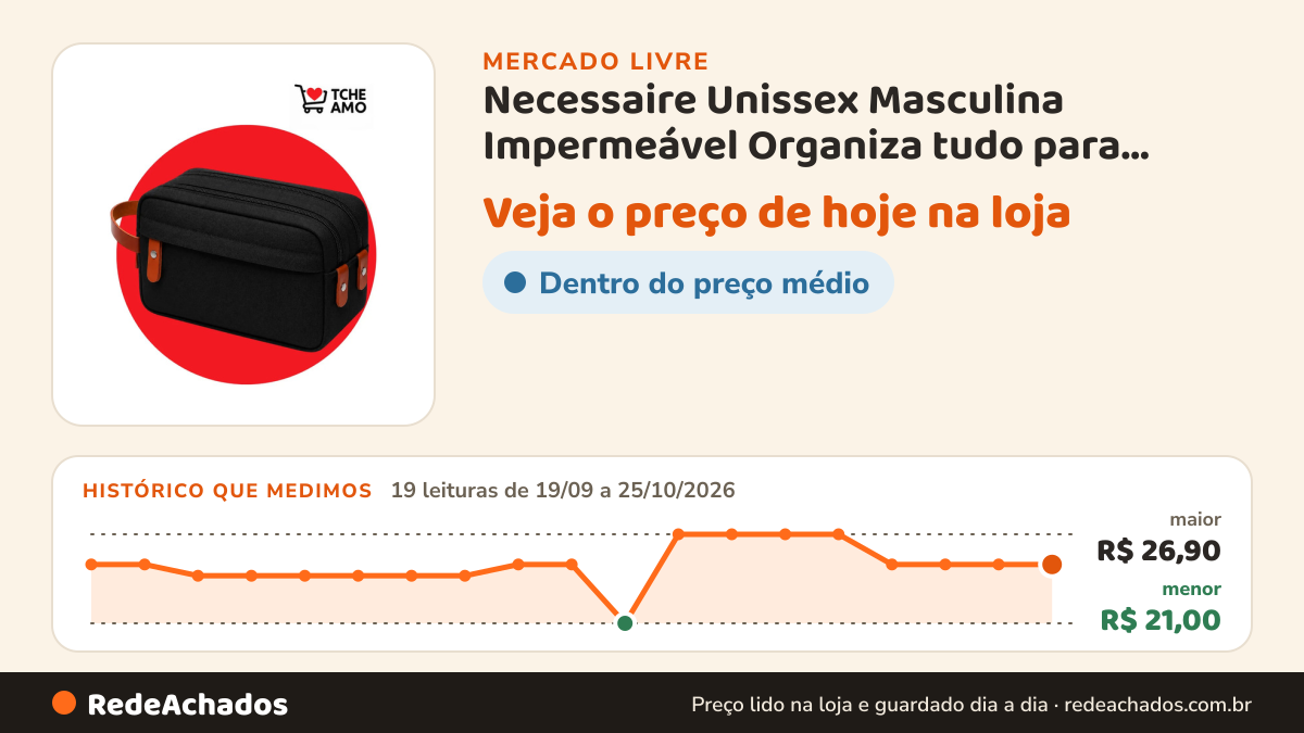 Histórico de preço de Necessaire Unissex Masculina Impermeável Organiza tudo para Viagens e Trabalho 2… no Mercado Livre: 19 leituras de 19/09/2026 a 25/10/2026, menor R$ 21,00, maior R$ 26,90