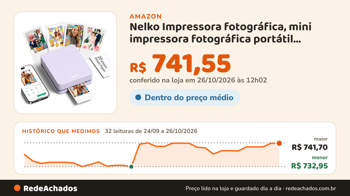 Histórico de preço de Nelko Impressora fotográfica, mini impressora fotográfica portátil colorida PP01… na Amazon: 32 leituras de 24/09/2026 a 26/10/2026, menor R$ 732,95, maior R$ 741,70; R$ 741,55 conferido em 26/10/2026 às 12h02