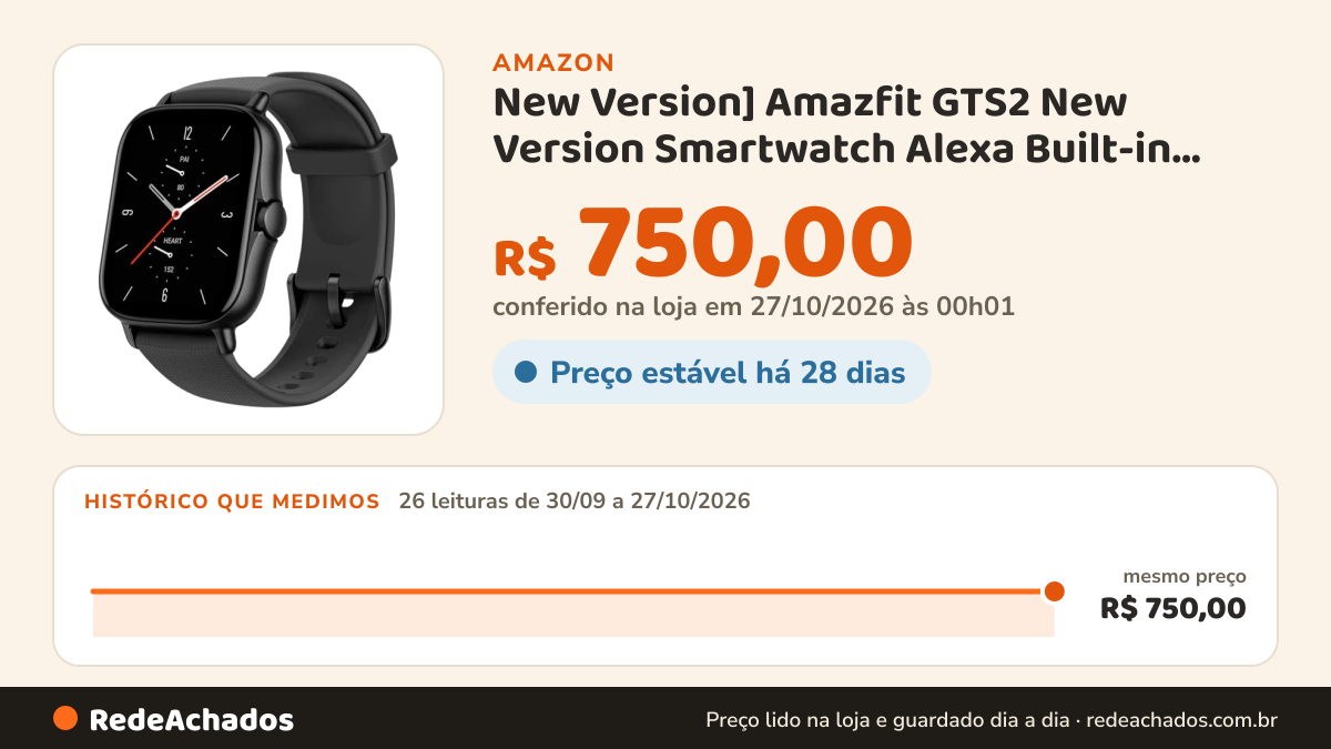 Histórico de preço de New Version] Amazfit GTS2 New Version Smartwatch Alexa Built-in Ultra-long Battery Life… na Amazon: 26 leituras de 30/09/2026 a 27/10/2026, mesmo preço, R$ 750,00, em todas; R$ 750,00 conferido em 27/10/2026 às 00h01