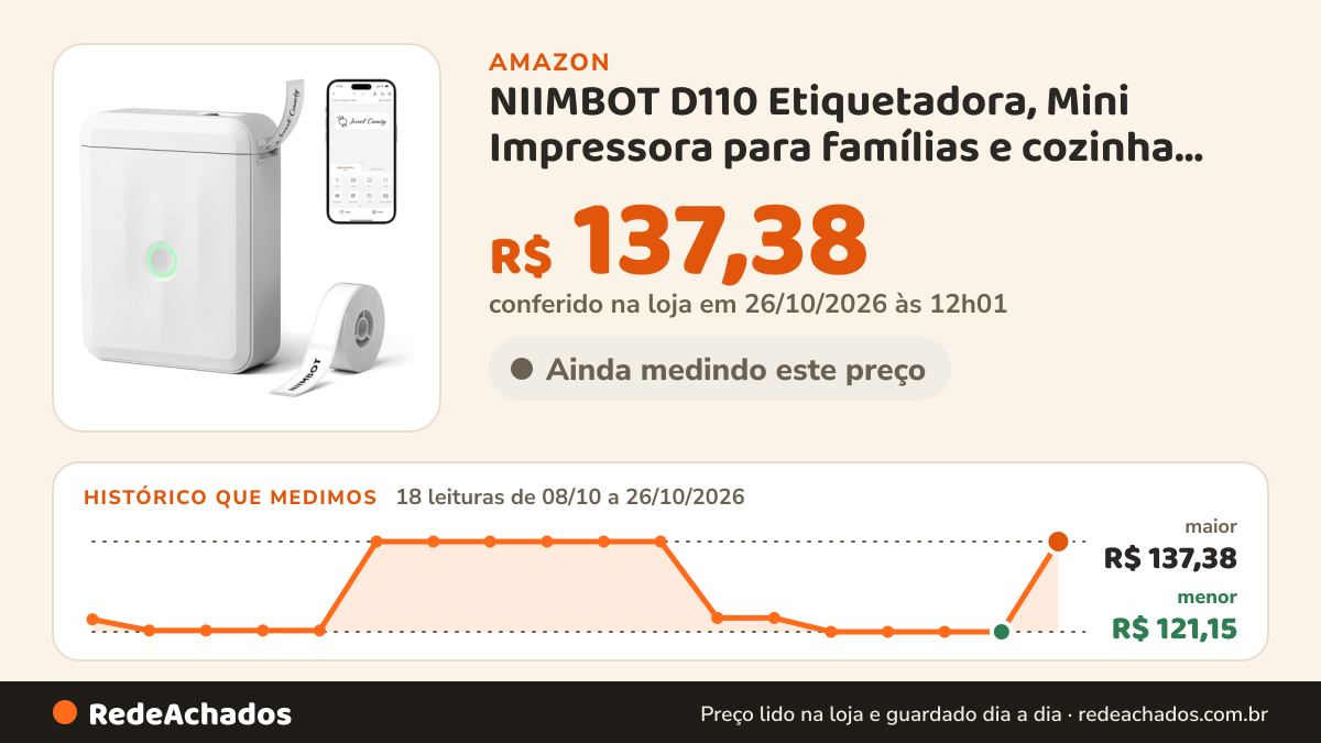 Histórico de preço de NIIMBOT D110 Etiquetadora, Mini Impressora para famílias e cozinha, Branca na Amazon: 18 leituras de 08/10/2026 a 26/10/2026, menor R$ 121,15, maior R$ 137,38; R$ 137,38 conferido em 26/10/2026 às 12h01