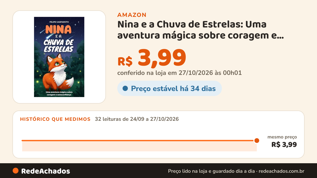 Histórico de preço de Nina e a Chuva de Estrelas: Uma aventura mágica sobre coragem e autoconfiança (Livro… na Amazon: 32 leituras de 24/09/2026 a 27/10/2026, mesmo preço, R$ 3,99, em todas; R$ 3,99 conferido em 27/10/2026 às 00h01