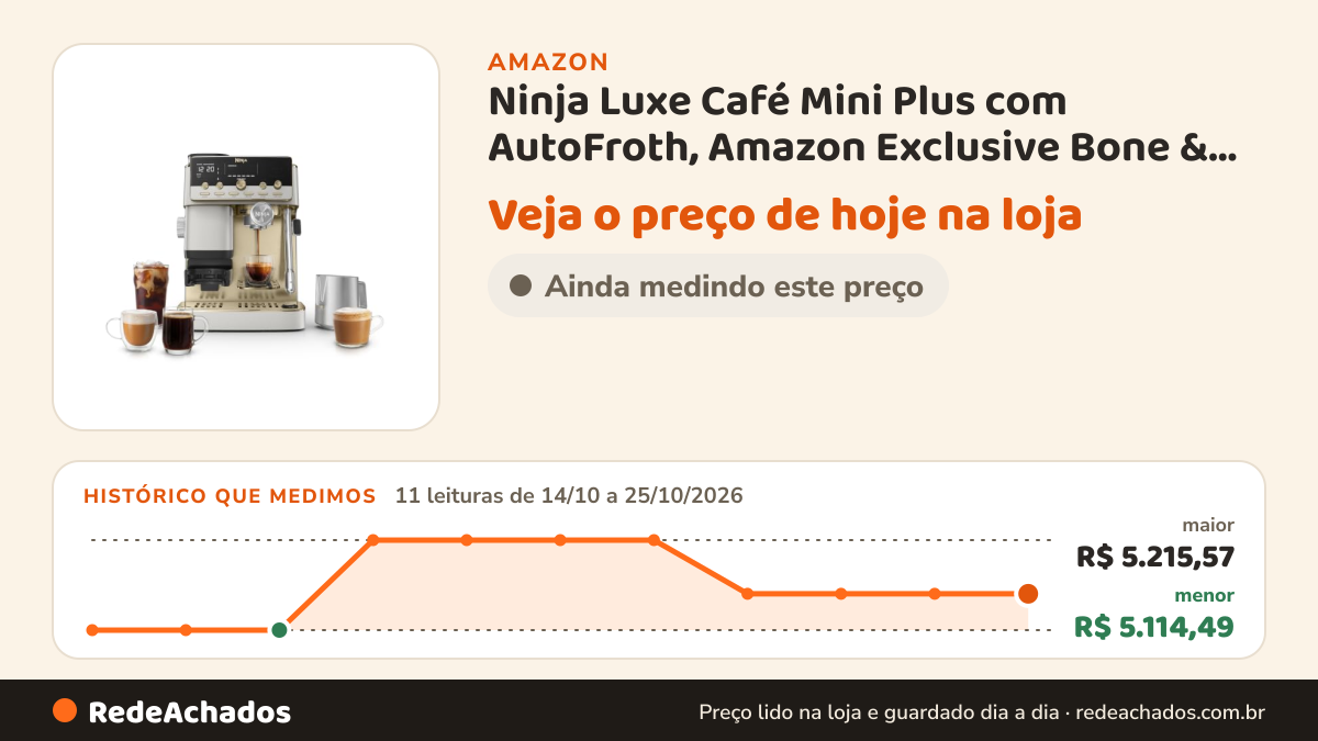 Histórico de preço de Ninja Luxe Café Mini Plus com AutoFroth, Amazon Exclusive Bone & Champagne na Amazon: 11 leituras de 14/10/2026 a 25/10/2026, menor R$ 5.114,49, maior R$ 5.215,57