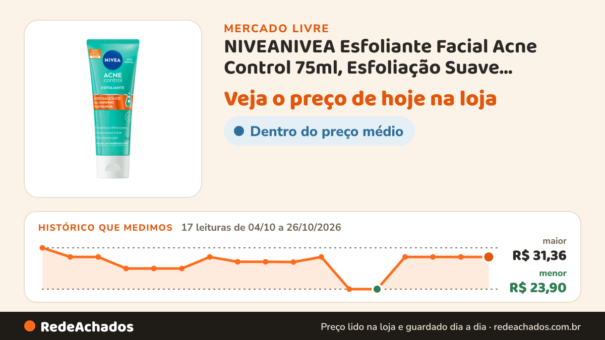 Histórico de preço de NIVEANIVEA Esfoliante Facial Acne Control 75ml, Esfoliação Suave, Desobstrui os no Mercado Livre: 17 leituras de 04/10/2026 a 26/10/2026, menor R$ 23,90, maior R$ 31,36