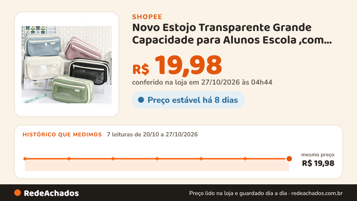 Histórico de preço de Novo Estojo Transparente Grande Capacidade para Alunos Escola ,com bolso na frente um… na Shopee: 7 leituras de 20/10/2026 a 27/10/2026, mesmo preço, R$ 19,98, em todas; R$ 19,98 conferido em 27/10/2026 às 04h44
