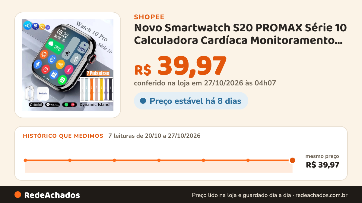 Histórico de preço de Novo Smartwatch S20 PROMAX Série 10 Calculadora Cardíaca Monitoramento Da Frequência… na Shopee: 7 leituras de 20/10/2026 a 27/10/2026, mesmo preço, R$ 39,97, em todas; R$ 39,97 conferido em 27/10/2026 às 04h07