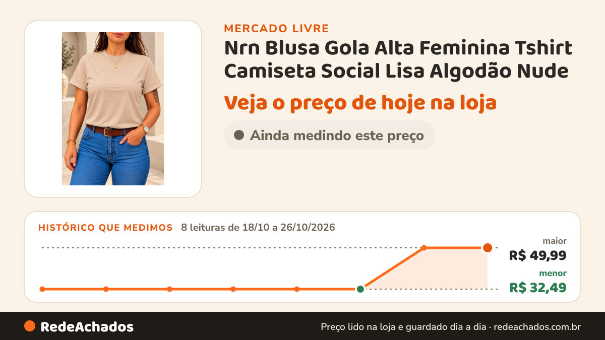 Histórico de preço de Nrn Blusa Gola Alta Feminina Tshirt Camiseta Social Lisa Algodão Nude no Mercado Livre: 8 leituras de 18/10/2026 a 26/10/2026, menor R$ 32,49, maior R$ 49,99